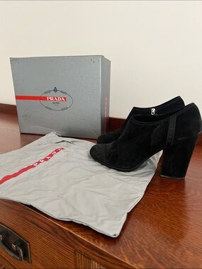 Prada Black Suede High-Block Heel Ankle Boot 3.75” heel